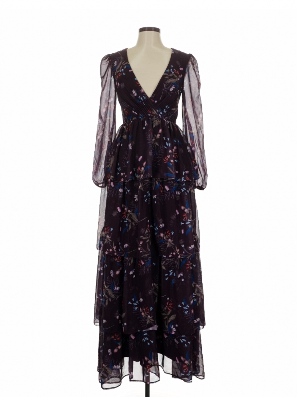 IEENA for Mac Duggal Floral Tiered Maxi Dress Sheer Sleeves Size 6 NWOT